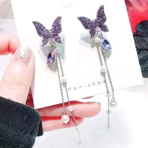 Purple Rhinestone Butterfly Dangle Earrings